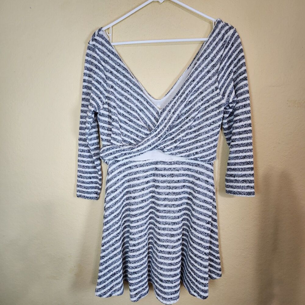 Free People Dress Women’s L Black white chevron striped Midi 3/4 Sleeve vneck